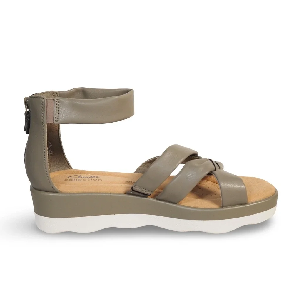 Clarks Clara Rae Wedge Sandals Womens 8.5M Olive Green Ankle Strap 61415466